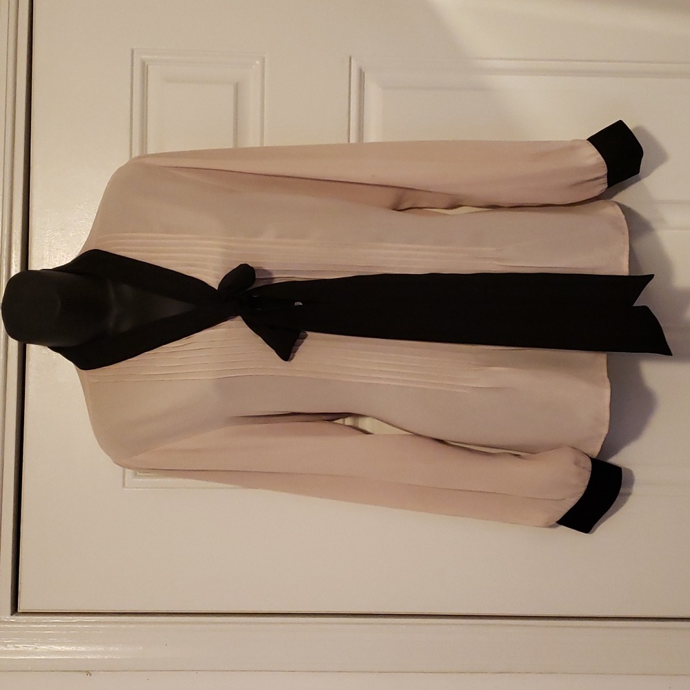 Adrianna Papell Blush Pink and Black Tie Neck Blouse